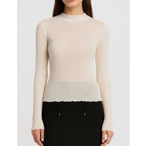 NWT Le' AL.X Ribbed Knit Sheer Mock Neck Long Sleeve Fitted Shirt Ivory Size XL